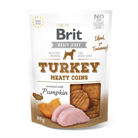 Brit jerky snack meaty coins pavo premios para perro