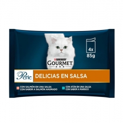 Gourmet Perle Delicias en Salsa Comida Húmeda para Gatos con Salmón y Atún