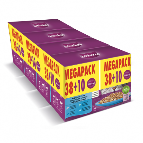 Whiskas Selección de Pescados Comida Húmeda en Salsa para Gatos MEGAPACK 38+10 Gratis