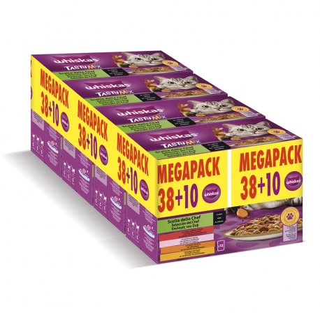 Whiskas Tasty Mix Selección del Chef Comida Húmeda en Salsa para Gatos MEGAPACK 38+10 Gratis