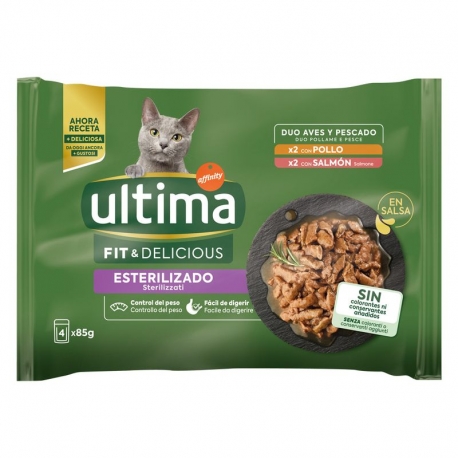 Ultima Fit&Deliciuos Comida Húmeda en Salsa para Gatos Esterilizados con Pollo y Salmón