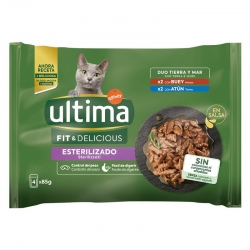 Ultima Fit&Deliciuos Comida Húmeda en Salsa para Gatos Esterilizados con Buey y Atún