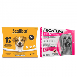 Pack Súper Protección: collar Scalibor 48cm + Frontline Tri-Act 3 pipetas (2-5kg) para perros mini