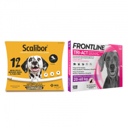Pack Súper Protección: collar Scalibor 65cm + Frontline Tri-Act 3 pipetas (20-40kg) para perros grandes