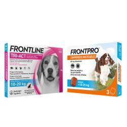 Pack Súper Protección: Frontpro Comprimidos Masticables 10-25kg + Frontline Tri-Act 3 pipetas (10-20kg) para perros medianos