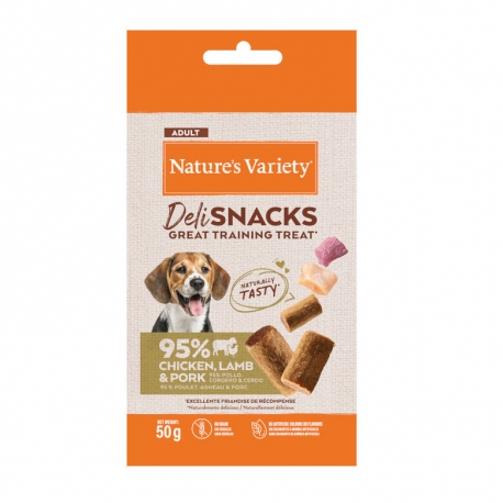 Nature's Variety DeliSnacks Snack para Perros Bocaditos con Pollo, Cordero y Cerdo